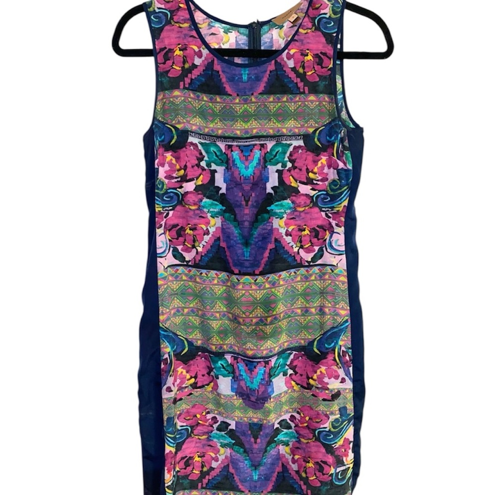 Kachel Silk Multicolor Floral & Geometric Mini Dress with Navy Nwot